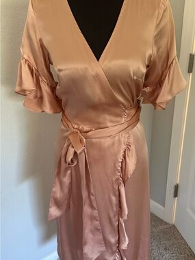 NEW with tags Nightcap Satin Wrap Midi Dress in Blush Pink